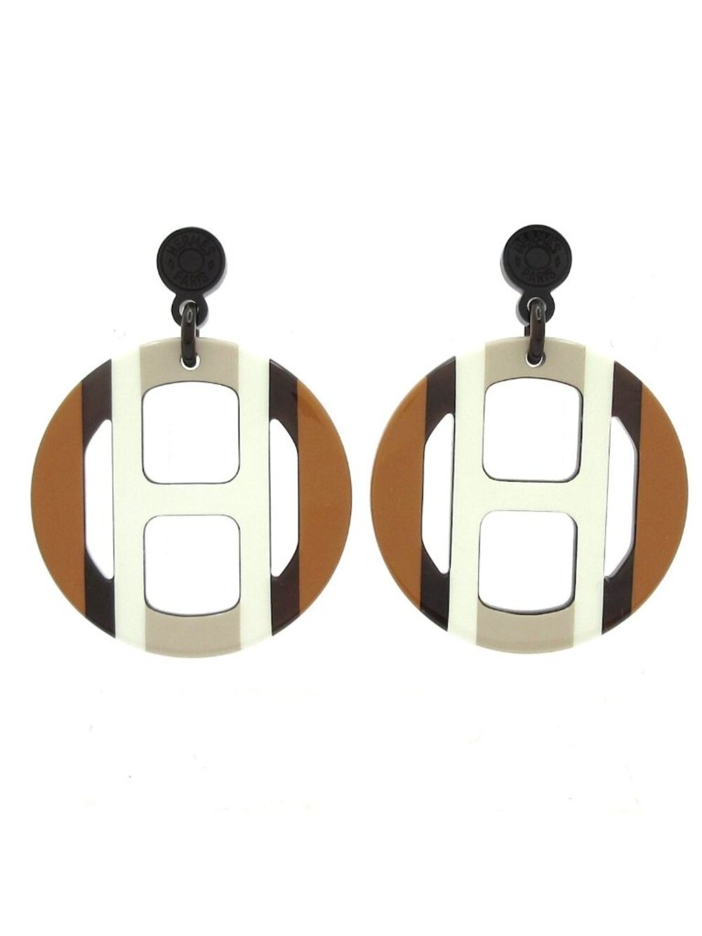 Hermes Earrings H Equipe Brown White